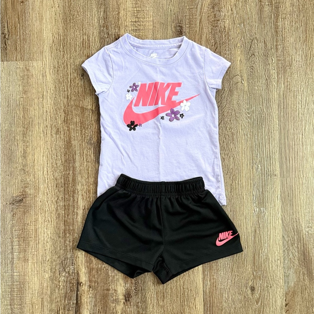 NIKE Girls 4T Purple Tee and Black Shorts Matching Set